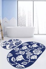 - RealHomes - Realhomes  Lacivert Beyaz Gül Tasarımlı 2'li Oval Kaymaz Tabanlı Mutfak Paspası Takımı & Banyo Paspas Seti Realhomes