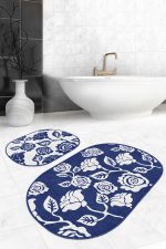 - RealHomes - Realhomes  Lacivert Beyaz Gül Tasarımlı 2'li Oval Kaymaz Tabanlı Mutfak Paspası Takımı & Banyo Paspas Seti Realhomes