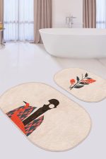 - RealHomes - Realhomes  Zenci Adam Çiçek Motifli 2'li Oval Kaymaz Tabanlı Banyo Halı Seti & Klozet Paspas Takımı Realhomes