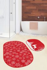 - RealHomes - Realhomes  Kırmızı Zemin Yılbaşı Temalı Kar Taneleri 2'li Oval Kaymaz Tabanlı Paspas Seti & Klozet Takımı Realhomes