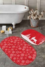 - RealHomes - Realhomes  Kırmızı Zemin Yılbaşı Temalı Kar Taneleri 2'li Oval Kaymaz Tabanlı Paspas Seti & Klozet Takımı Realhomes