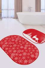 - RealHomes - Realhomes  Kırmızı Zemin Yılbaşı Temalı Kar Taneleri 2'li Oval Kaymaz Tabanlı Paspas Seti & Klozet Takımı Realhomes