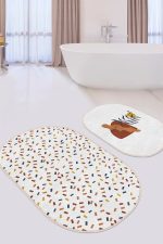 - RealHomes - Realhomes  Renkli Geometrik Motifli 2'li Oval Kaymaz Tabanlı Banyo Paspas Takımı & Mutfak Paspas Seti Realhomes