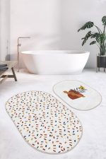 - RealHomes - Realhomes  Renkli Geometrik Motifli 2'li Oval Kaymaz Tabanlı Banyo Paspas Takımı & Mutfak Paspas Seti Realhomes