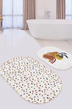 - RealHomes - Realhomes  Renkli Geometrik Motifli 2'li Oval Kaymaz Tabanlı Banyo Paspas Takımı & Mutfak Paspas Seti Realhomes