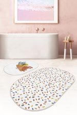 - RealHomes - Realhomes  Renkli Geometrik Motifli 2'li Oval Kaymaz Tabanlı Banyo Paspas Takımı & Mutfak Paspas Seti Realhomes