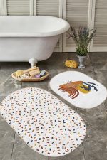 - RealHomes - Realhomes  Renkli Geometrik Motifli 2'li Oval Kaymaz Tabanlı Banyo Paspas Takımı & Mutfak Paspas Seti Realhomes