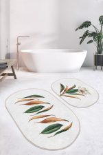 - RealHomes - Realhomes  3D Tropik Yaprak Motifli 2'li Oval Kaymaz Tabanlı Banyo Paspas Seti & Mutfak Paspas Takımı Realhomes