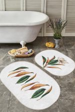 - RealHomes - Realhomes  3D Tropik Yaprak Motifli 2'li Oval Kaymaz Tabanlı Banyo Paspas Seti & Mutfak Paspas Takımı Realhomes