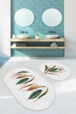 - RealHomes - Realhomes  3D Tropik Yaprak Motifli 2'li Oval Kaymaz Tabanlı Banyo Paspas Seti & Mutfak Paspas Takımı Realhomes