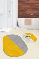 - RealHomes - Realhomes  Sarı Gri Bisikletli Adam 2'li Oval Kaymaz Tabanlı Banyo Paspas Seti & Mutfak Paspas Takımı Realhomes