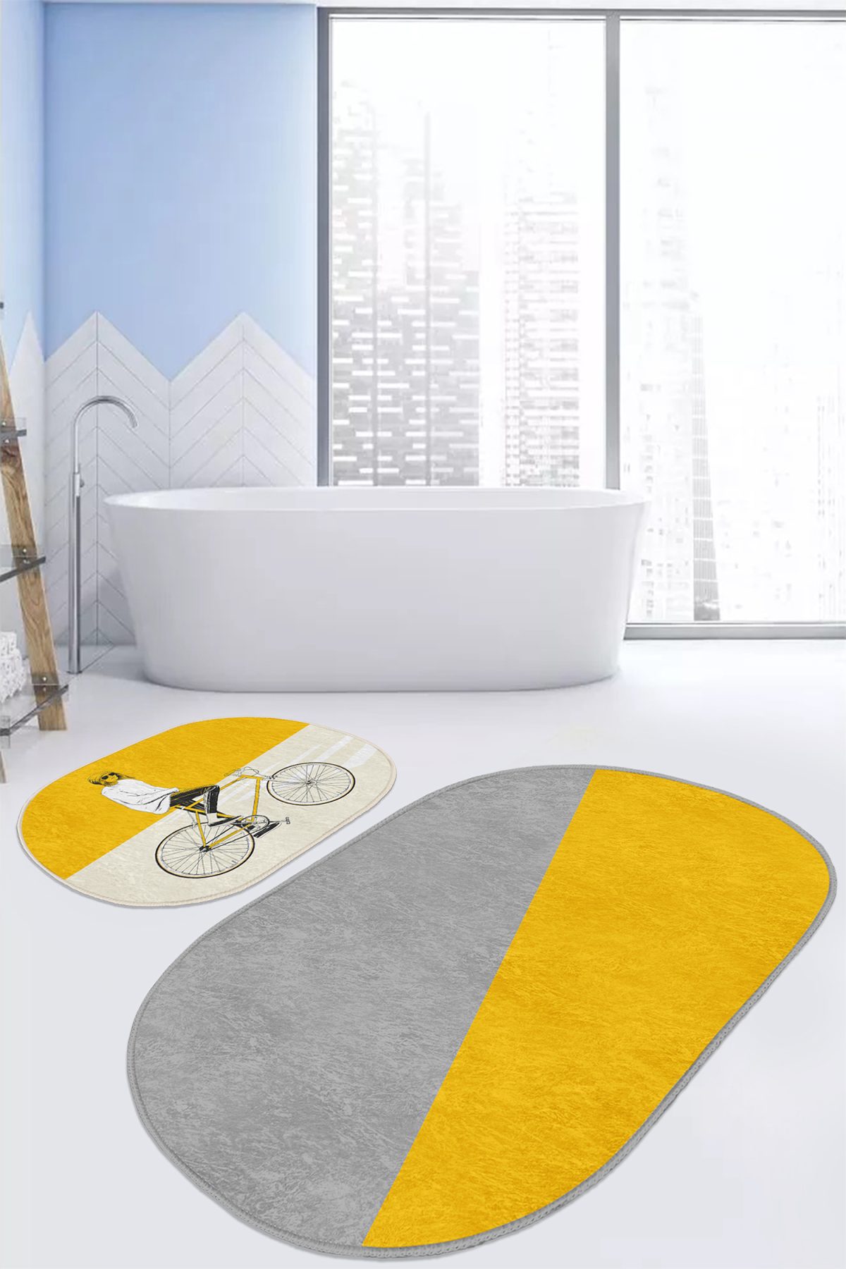 Sarı Gri Bisikletli Adam 2'li Oval Kaymaz Tabanlı Banyo Paspas Seti & Mutfak Paspas Takımı Realhomes