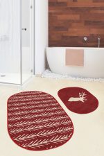 - RealHomes - Realhomes  Kahverengi Zeminli Geyik Tasarımlı 2'li Oval Kaymaz Tabanlı Banyo Halısı Takımı & Mutfak Halı Seti Realhomes