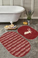 - RealHomes - Realhomes  Kahverengi Zeminli Geyik Tasarımlı 2'li Oval Kaymaz Tabanlı Banyo Halısı Takımı & Mutfak Halı Seti Realhomes