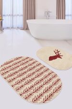 - RealHomes - Realhomes  Krem Zeminli Geyik Motifli 2'li Oval Kaymaz Tabanlı Mutfak Paspas Seti & Banyo Paspas Takımı Realhomes