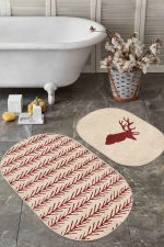 - RealHomes - Realhomes  Krem Zeminli Geyik Motifli 2'li Oval Kaymaz Tabanlı Mutfak Paspas Seti & Banyo Paspas Takımı Realhomes