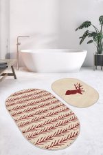 - RealHomes - Realhomes  Krem Zeminli Geyik Motifli 2'li Oval Kaymaz Tabanlı Mutfak Paspas Seti & Banyo Paspas Takımı Realhomes