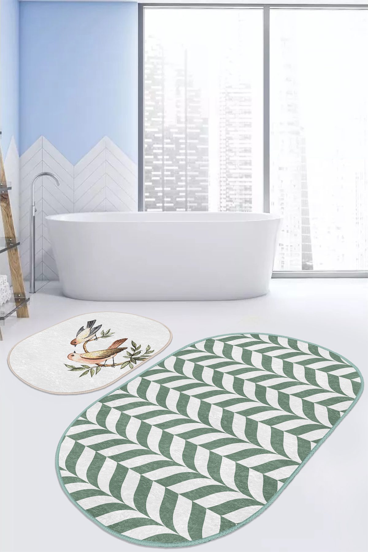 Kırlangıç Motifli Yeşil Ebru Sanatı Özel Tasarım 2'li Oval Kaymaz Tabanlı Paspas Klozet Takımı Realhomes