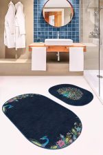 - RealHomes - Realhomes  Lacivert Zemin Tropik Çiçekli Tavuskuşu Motifli 2'li Oval Kaymaz Tabanlı Banyo Mutfak Paspas Seti Realhomes