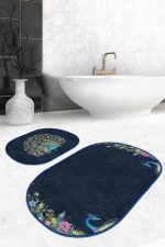 - RealHomes - Realhomes  Lacivert Zemin Tropik Çiçekli Tavuskuşu Motifli 2'li Oval Kaymaz Tabanlı Banyo Mutfak Paspas Seti Realhomes