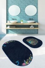 - RealHomes - Realhomes  Lacivert Zemin Tropik Çiçekli Tavuskuşu Motifli 2'li Oval Kaymaz Tabanlı Banyo Mutfak Paspas Seti Realhomes