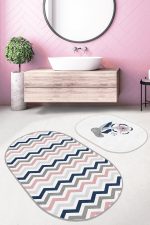 - RealHomes - Realhomes  Soft Renkli Zikzak Motifli Özel Tasarım 2'li Oval Banyo Halı Seti & Mutfak Paspas Takımı Realhomes