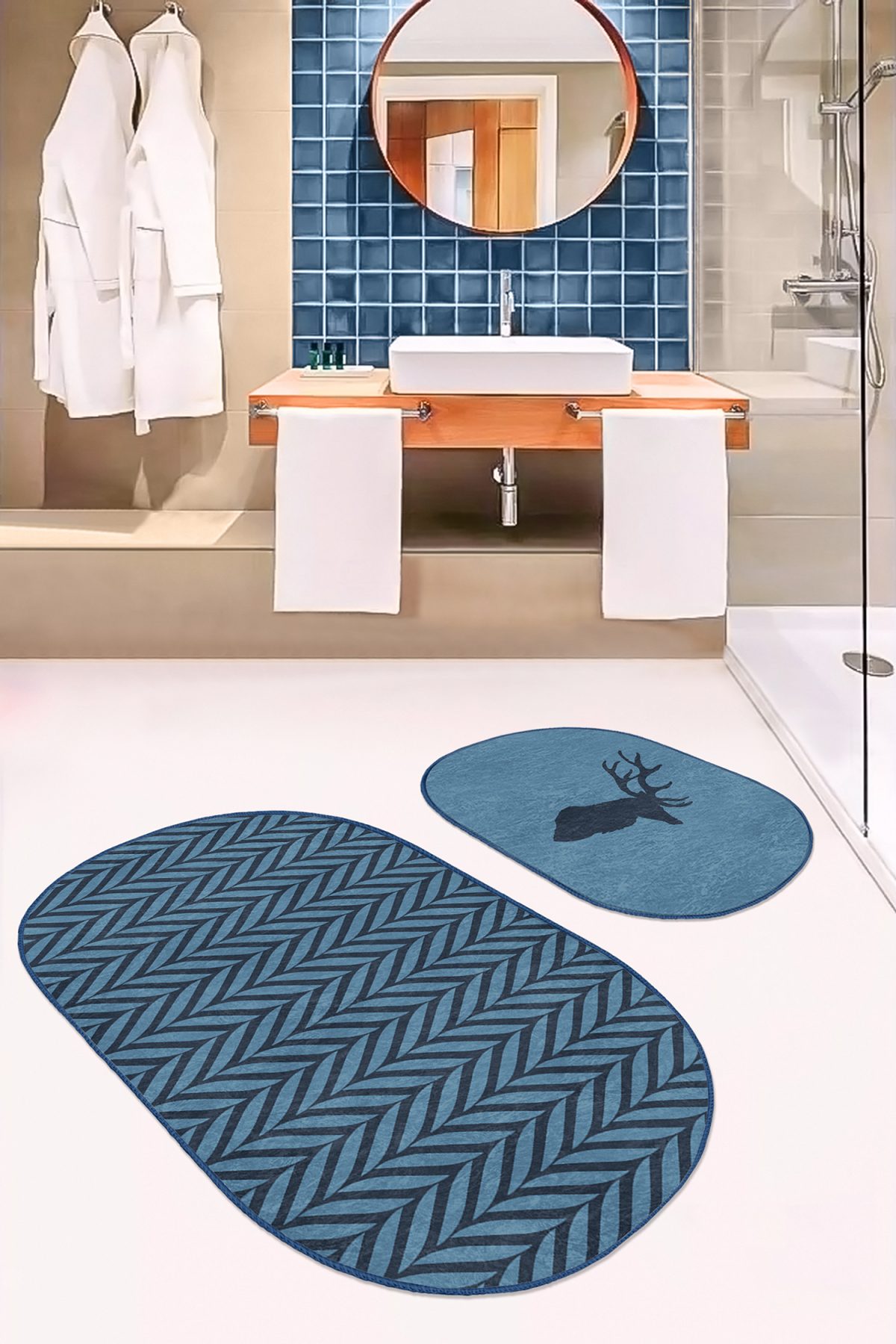 Lacivert Ebru Sanatı Çizimli Geyik Motifli 2'li Oval Banyo Halı Takımı & Klozet Paspas Seti Realhomes