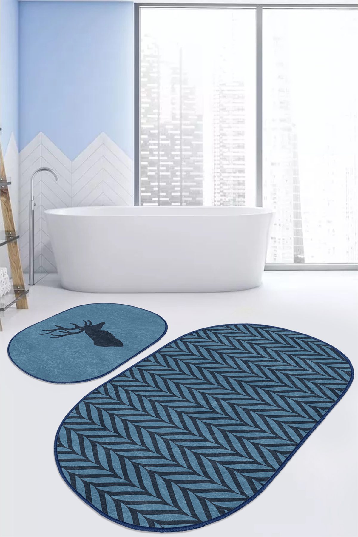 Lacivert Ebru Sanatı Çizimli Geyik Motifli 2'li Oval Banyo Halı Takımı & Klozet Paspas Seti Realhomes