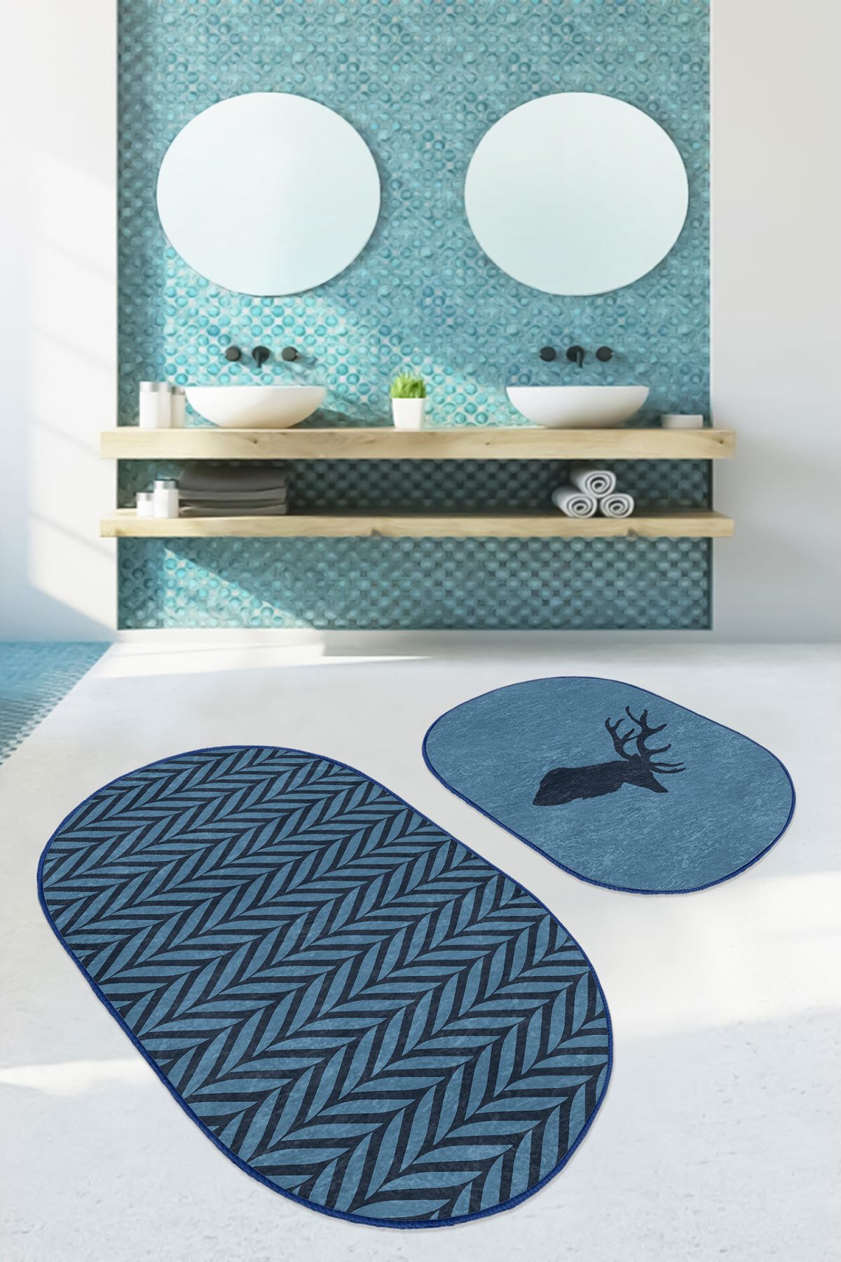 Lacivert Ebru Sanatı Çizimli Geyik Motifli 2'li Oval Banyo Halı Takımı & Klozet Paspas Seti Realhomes