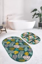 - RealHomes - Realhomes  Renkli Tropik Yaprak Özel Tasarımlı 2'li Oval Mutfak Paspas Seti & Banyo Halı Takımı Realhomes