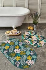 - RealHomes - Realhomes  Renkli Tropik Yaprak Özel Tasarımlı 2'li Oval Mutfak Paspas Seti & Banyo Halı Takımı Realhomes