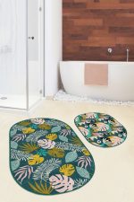- RealHomes - Realhomes  Renkli Tropik Yaprak Özel Tasarımlı 2'li Oval Mutfak Paspas Seti & Banyo Halı Takımı Realhomes