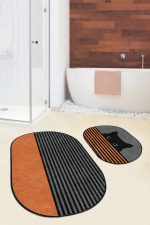 - RealHomes - Realhomes  Turuncu Çizgili Kedi Motifli 2'li Oval Kaymaz Tabanlı Banyo Mutfak Paspas Takımlı Klozet Seti Realhomes