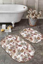 - RealHomes - Realhomes  Soft Tropik Yaprak Motifli 2'li Oval Kaymaz Tabanlı Banyo Paspas Takımı & Mutfak Halı Seti Realhomes