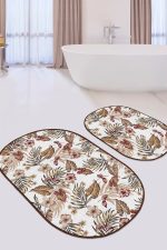 - RealHomes - Realhomes  Soft Tropik Yaprak Motifli 2'li Oval Kaymaz Tabanlı Banyo Paspas Takımı & Mutfak Halı Seti Realhomes