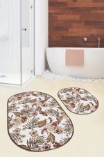 - RealHomes - Realhomes  Soft Tropik Yaprak Motifli 2'li Oval Kaymaz Tabanlı Banyo Paspas Takımı & Mutfak Halı Seti Realhomes