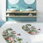 Renkli Zeminde Onedraw Çizimli Çiçek Desenli Dijital Baskılı 2'li Oval Kaymaz Tabanlı Banyo & Mutfak Paspas Takımı Realhomes