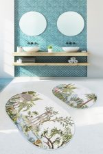 - RealHomes - Realhomes  Tropik Hayvanlar Bitkiler Özel Tasarım 2'li Oval Banyo Paspas Seti & Banyo Halı Takımı Realhomes