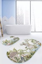 - RealHomes - Realhomes  Tropik Hayvanlar Bitkiler Özel Tasarım 2'li Oval Banyo Paspas Seti & Banyo Halı Takımı Realhomes