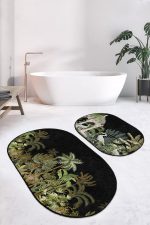 - RealHomes - Realhomes  Siyah Zemin Tropik Ağaçlar Özel Tasarım 2'li Oval Mutfak Paspas Seti & Banyo Hakı Seti Realhomes