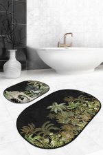 - RealHomes - Realhomes  Siyah Zemin Tropik Ağaçlar Özel Tasarım 2'li Oval Mutfak Paspas Seti & Banyo Hakı Seti Realhomes