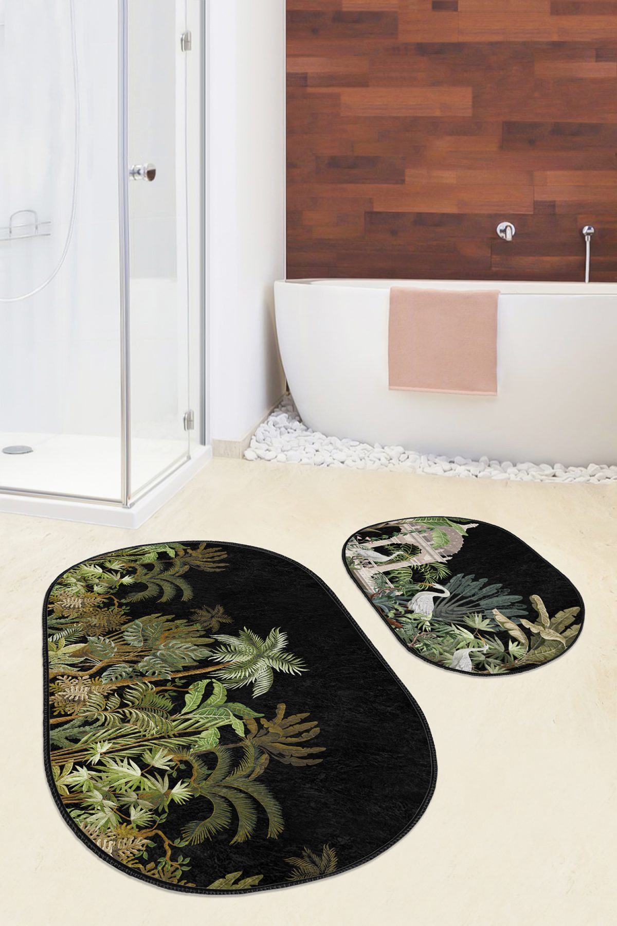 Siyah Zemin Tropik Ağaçlar Özel Tasarım 2'li Oval Mutfak Paspas Seti & Banyo Hakı Seti Realhomes