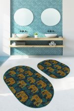 - RealHomes - Realhomes  Etnik Fil Tasarımlı Özel Tasarım 2'li Oval Kaymaz Tabanlı Banyo Paspas Seti & Klozet Paspas Takımı Realhomes