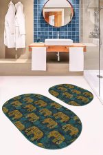 - RealHomes - Realhomes  Etnik Fil Tasarımlı Özel Tasarım 2'li Oval Kaymaz Tabanlı Banyo Paspas Seti & Klozet Paspas Takımı Realhomes