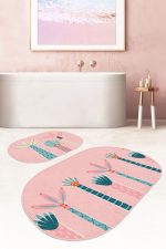 - RealHomes - Realhomes  Pembe Zemşn Palmiye Ağacı Çizimli 2'li Oval Banyo Paspas Takımı & Mutfak Paspas Takımı Realhomes