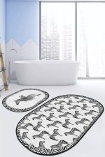 Siyah Beyaz Zebra Desenli 2'li Oval Kaymaz Tabanlı Banyo Halı Takımı & Mutfak Paspas Takımı Realhomes