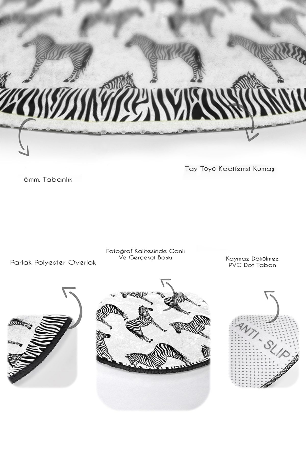 Siyah Beyaz Zebra Desenli 2'li Oval Kaymaz Tabanlı Banyo Halı Takımı & Mutfak Paspas Takımı Realhomes