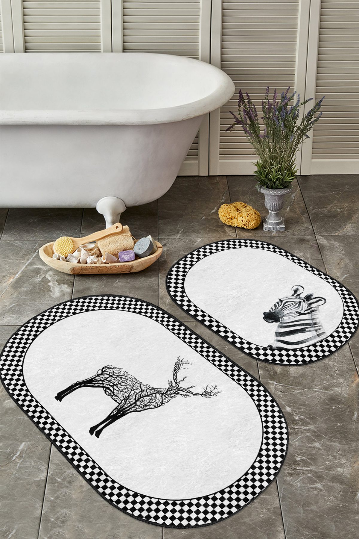 Zebra Motifli Geytik Tasarımlı 2'li Oval Kaymaz Tabanlı Banyo Paspas Takımı & Mutfak Paspas Seti Realhomes