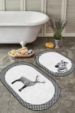 - RealHomes - Realhomes  Zebra Motifli Geytik Tasarımlı 2'li Oval Kaymaz Tabanlı Banyo Paspas Takımı & Mutfak Paspas Seti Realhomes