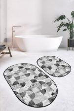 - RealHomes - Realhomes  Gri Geometrik Mermer Motifli 2'li Oval Kaymaz Tabanlı Banyo Halı Takımı & Mutfak Paspas Seti Realhomes